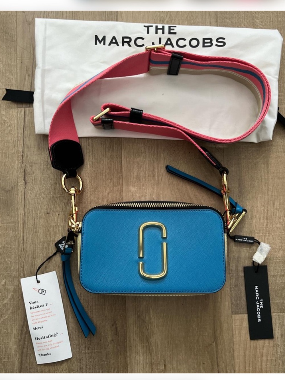 Marc Jacobs Sky Blue Camera Crossbody with Pink Multicolor Strap
